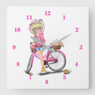 Horloge Carrée Blonde mignonne fille et vélo rose avec chat en fl