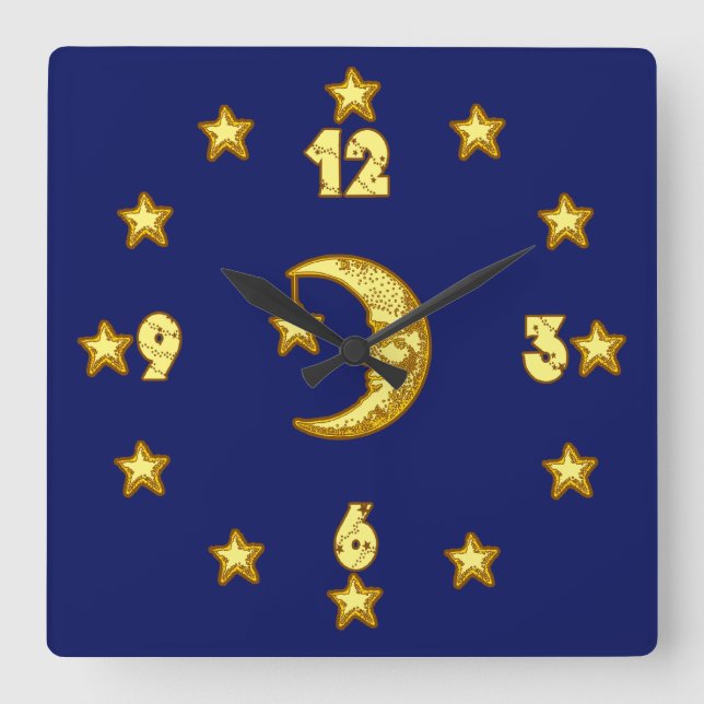 Horloge Carrée Blue and Gold Moon and Stars Wall Clock (Recto)