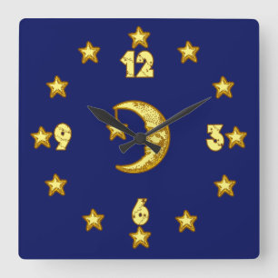 Horloge Carrée Blue and Gold Moon and Stars Wall Clock