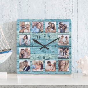 Horloge Carrée Blue beach Driftwood Planks Rustic Nautical