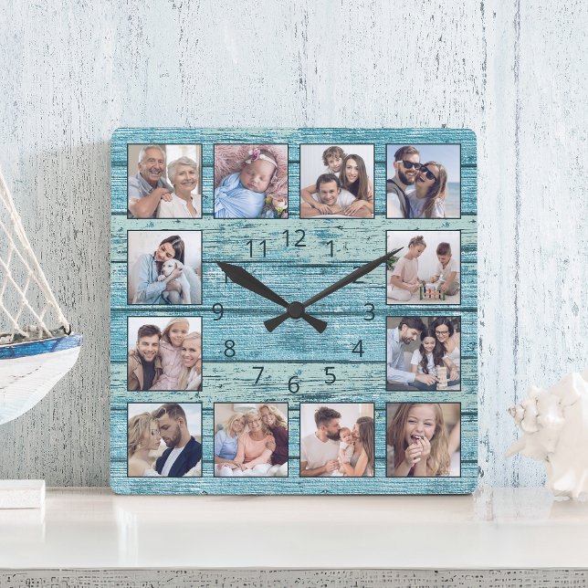 Horloge Carrée Blue beach Driftwood Planks Rustic Nautical (Créateur téléchargé)
