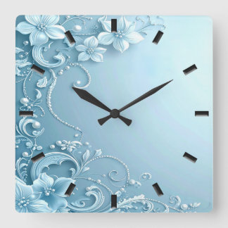 Horloge Carrée Blue Decorative Floral Wall Clock