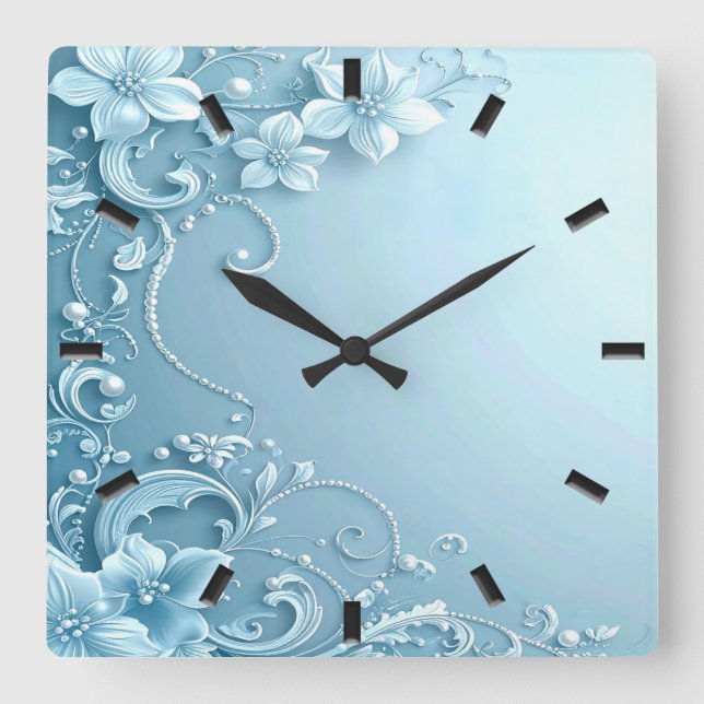 Horloge Carrée Blue Decorative Floral Wall Clock (Recto)