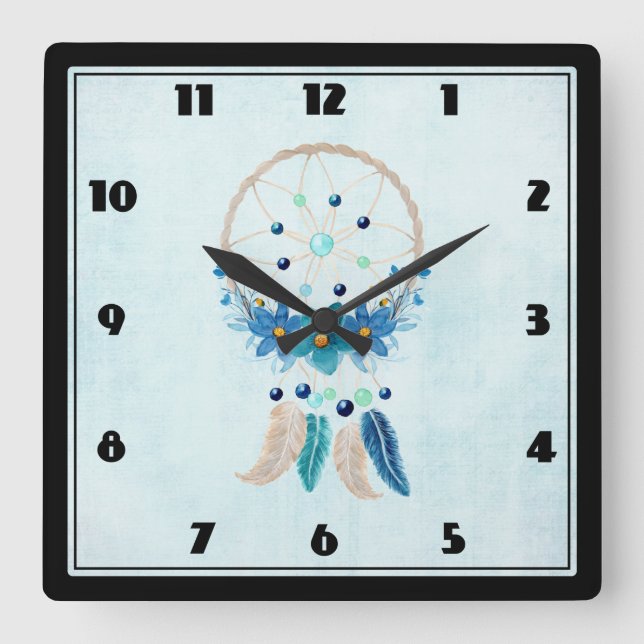 Horloge Carrée Blue Dreamcatcher Design Boho élégant (Recto)