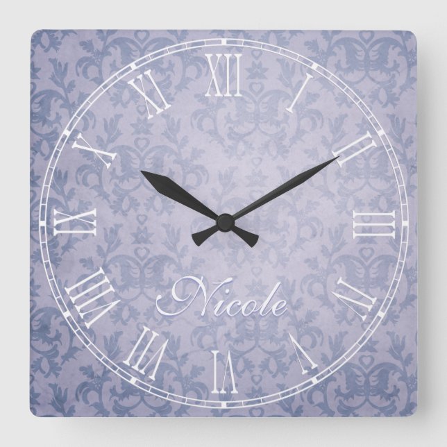 Horloge Carrée Blue faded kangaroo paw damask name wall clock (Recto)