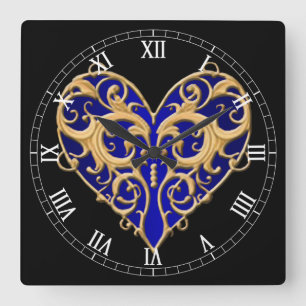 Horloge Carrée Blue Filigree Heart Roman Numeral Clock