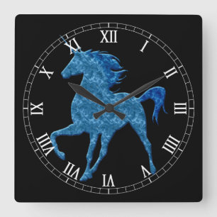 Horloge Carrée Blue Fire Unicorn Roman Numeral Clock