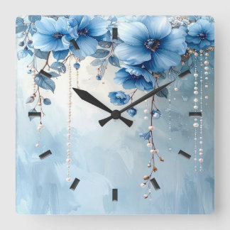 Horloge Carrée Blue Flowers and Pearls Wall Clock