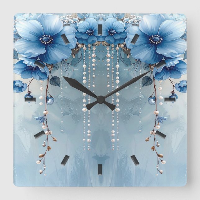 Horloge Carrée Blue Flowers and Pearls Wall Clock (Recto)