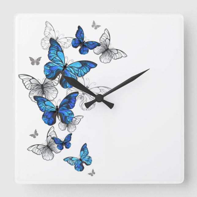 Horloge Carrée Blue Flying Butterflies Morpho (Recto)