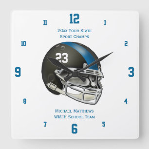Horloge Carrée Blue Football Helmet Name and School Clock