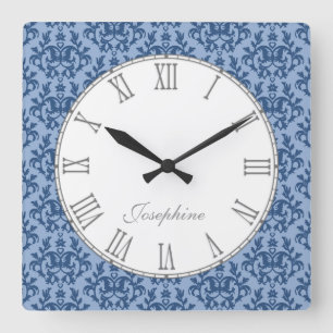 Horloge Carrée Blue kangaroo paw damask name wall clock
