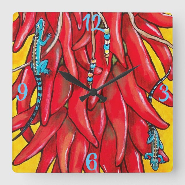 Horloge Carrée Blue Lizard rouge chili Pepper Clock Southwest (Recto)