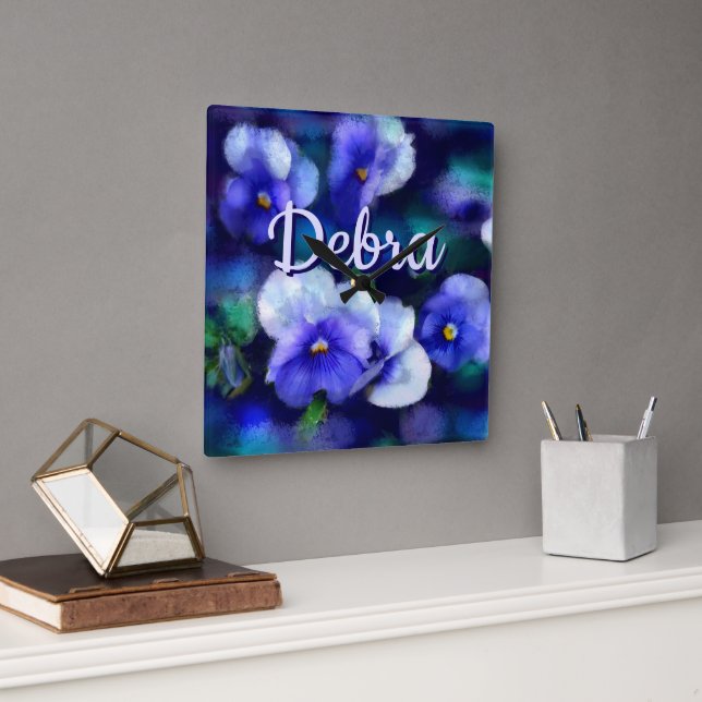 Horloge Carrée Blue Pansies Pansy Flower Floral Personalized (Bureau)