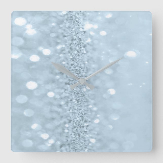 Horloge Carrée Blue Pastel Parties scintillant Gris Métal Étincel (Recto)