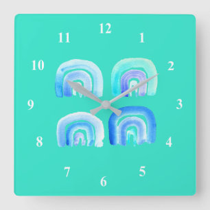 Horloge Carrée Blue Pastel rétro arc-en-ciel
