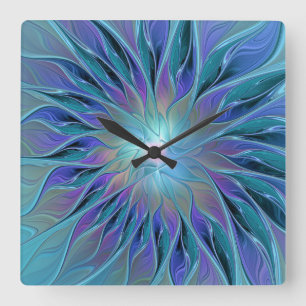 Horloge Carrée Blue Purple Flower Dream Abstract Fractal Art