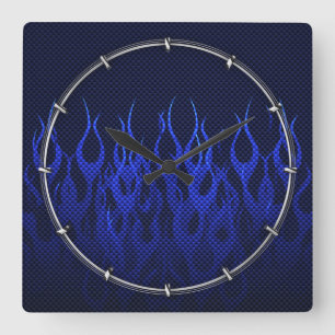 Horloge Carrée Blue Racing Flames on Carbon Fiber