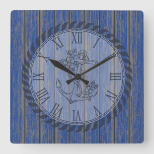 Horloge Carrée Blue Rustic Painted Wood Floral Nautical Anchor