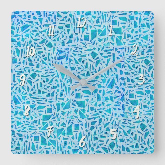 Horloge Carrée Blue Turquoise Mosaic Glass Tile Modern Chic (Recto)