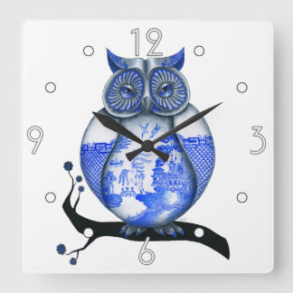 Horloge Carrée Blue Willow Owl Wall Clock