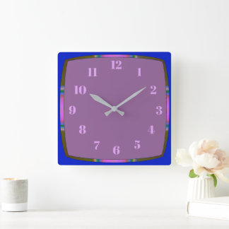 Horloge Carrée Blue with Rainbow Border and Mauve Centre