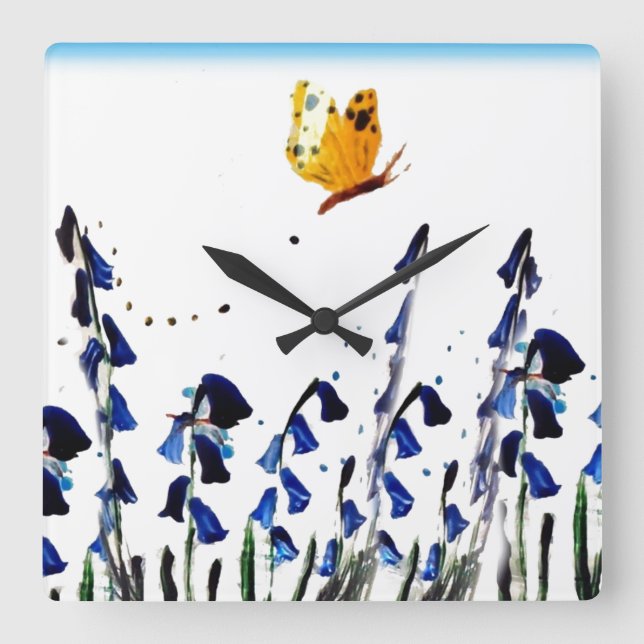 Horloge Carrée Bluebells Butterfly Floral Art (Recto)