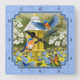 Horloge Carrée Bluebirds et Hexagon Birdhouse Blue