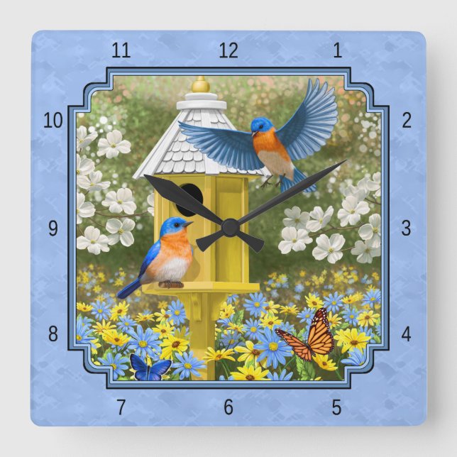Horloge Carrée Bluebirds et Hexagon Birdhouse Blue (Recto)
