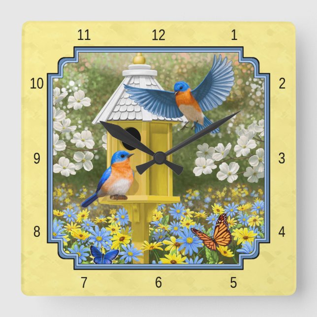 Horloge Carrée Bluebirds et Rond Birhouse Jaune (Recto)