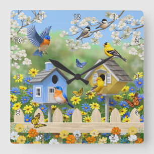 Horloge Carrée Bluebirds Goldfinches Birdhouses Jardin aux fleurs