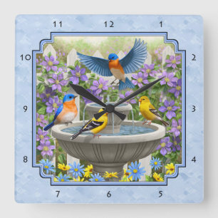 Horloge Carrée Bluebirds Goldfinies Fleur Jardin Fontaine Bleu