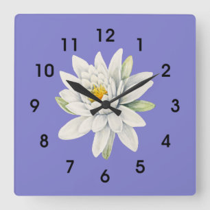 Horloge Carrée Bluebonnet Bluish-Purple, nénuphar blanc,