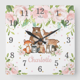 Horloge Carrée Blush Pink Floral Woodland Animals Girl Nursery