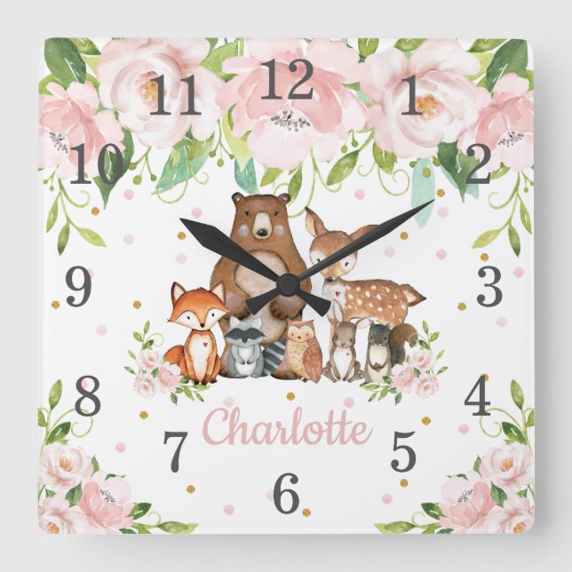 Horloge Carrée Blush Pink Floral Woodland Animals Girl Nursery (Recto)