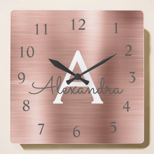 Horloge Carrée Blush Pink - Rose Gold Metallic Monogram Nom