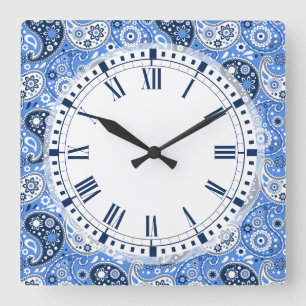 Horloge Carrée Bohemian Paisley Blue Country Farm Style