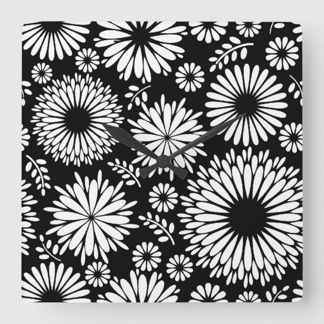 Horloge Carrée Boho fleurs Motif floral vectoriel noir et blanc (Recto)