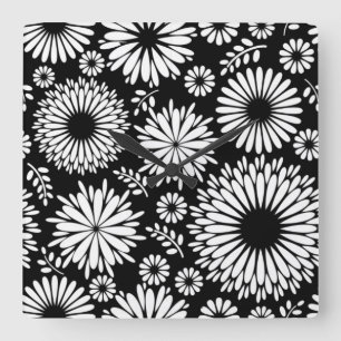 Horloge Carrée Boho fleurs Motif floral vectoriel noir et blanc