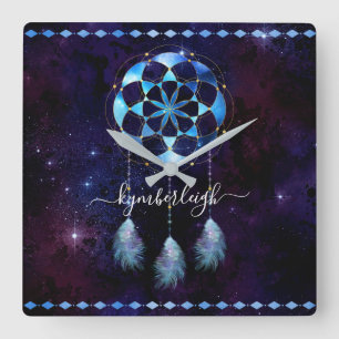 Horloge Carrée Boho Indigo Tribal Celestial Mandala Dreamcatcher