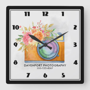 Horloge Carrée Boho Orange Caméra & Fleurs Aquarelle