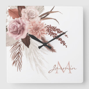Horloge Carrée Boho Pampas Rose Grass Fleurs séchées Monogramme