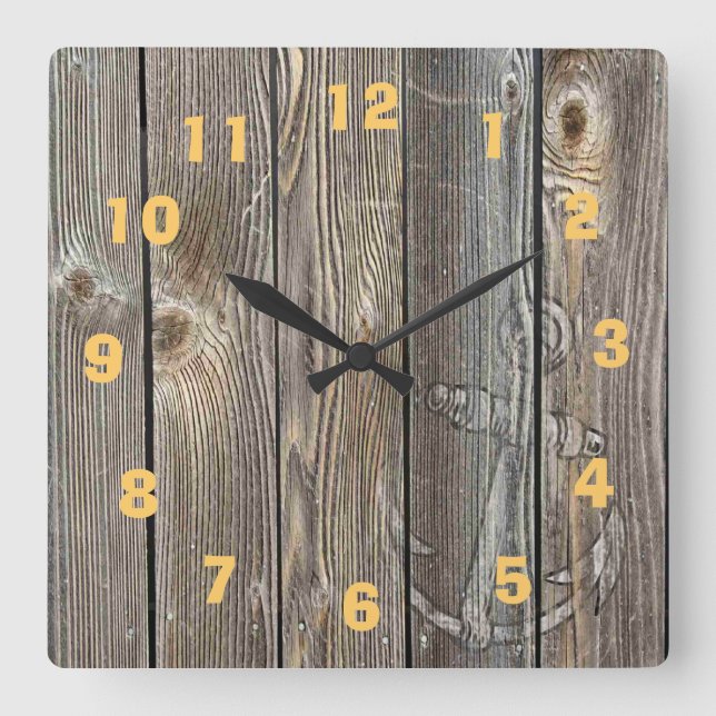 Horloge Carrée Bois ancien d'aspect authentique avec ancre (Recto)