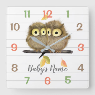 Horloge Carrée Bois Animaux Chouettes Nourriture Décor Mur Horlog