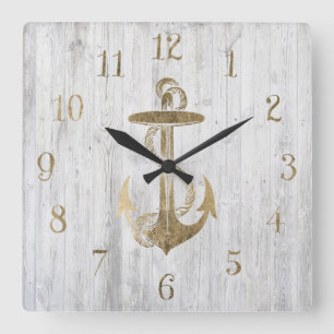 Horloge Carrée Bois blanc vintage de faux d'ancre nautique