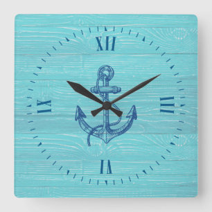 Horloge Carrée Bois Bleu Clair Et Ancre Nautique Bleue Marine