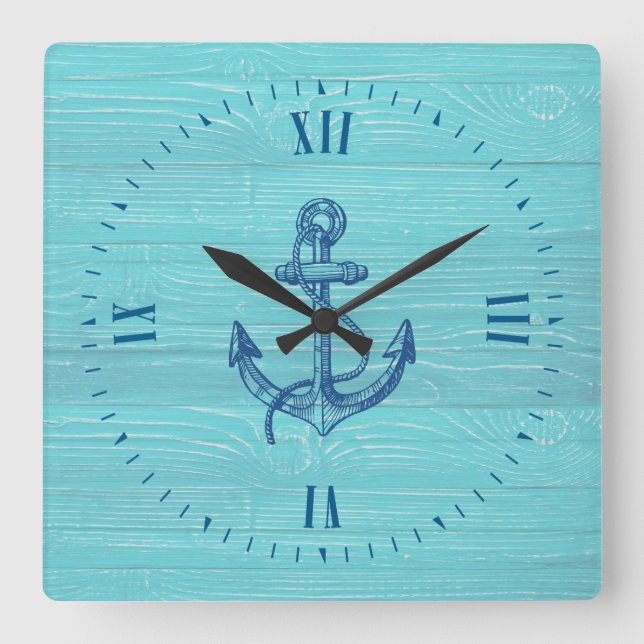 Horloge Carrée Bois Bleu Clair Et Ancre Nautique Bleue Marine (Recto)