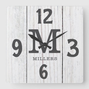 Horloge Carrée Bois clair rustique Nom de famille Monogram Ferme