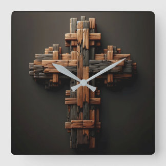 Horloge Carrée Bois Croix murale