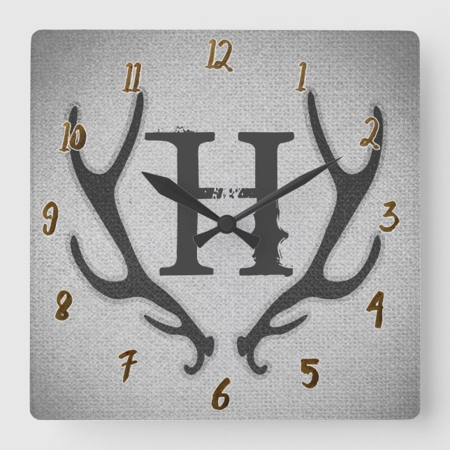 Horloge Carrée Bois de cerf rustique gris texture faux burlap (Recto)